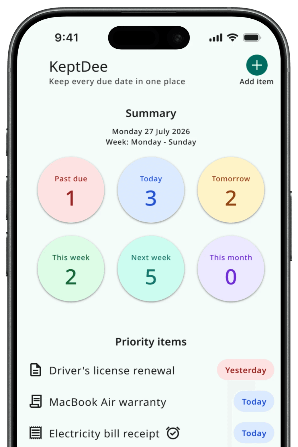 KeptDee product screen showing important date summary cards